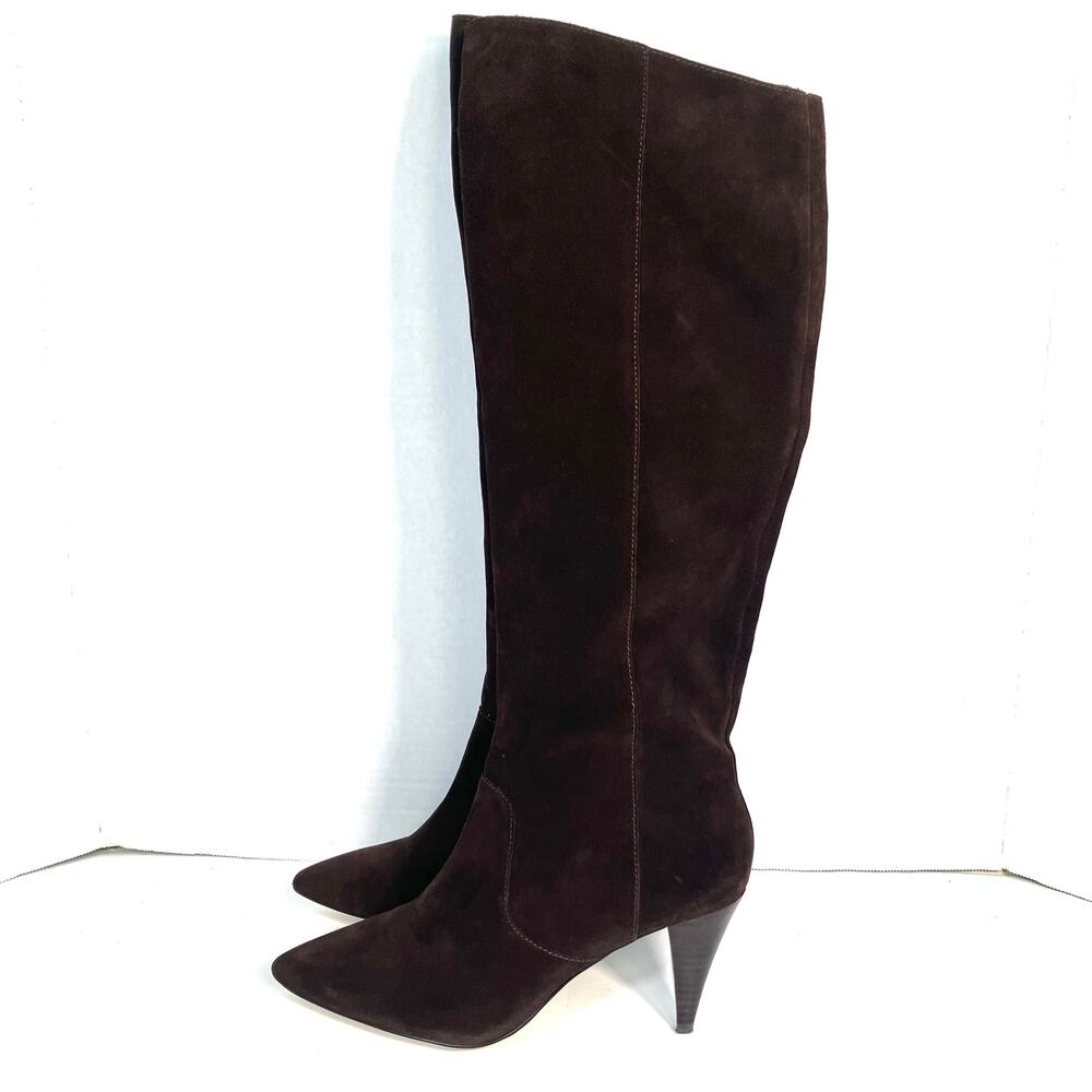 Lord & Taylor Sz 8.5 Dark Brown Suede Pointed Toe Tall Boots Cone Heel Feminine